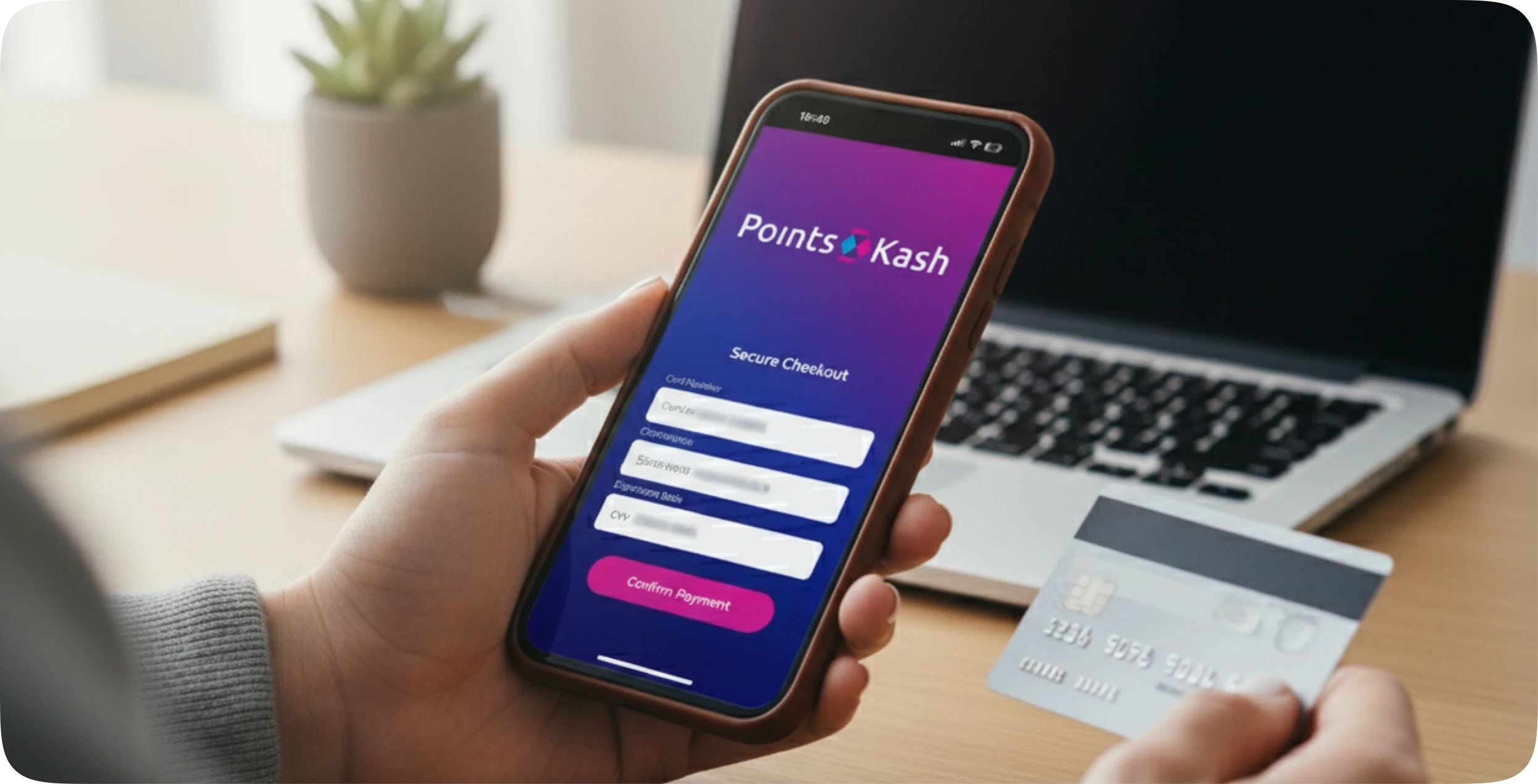 Hands holding a tablet with PointsKash call-to-action screen over a desktop background