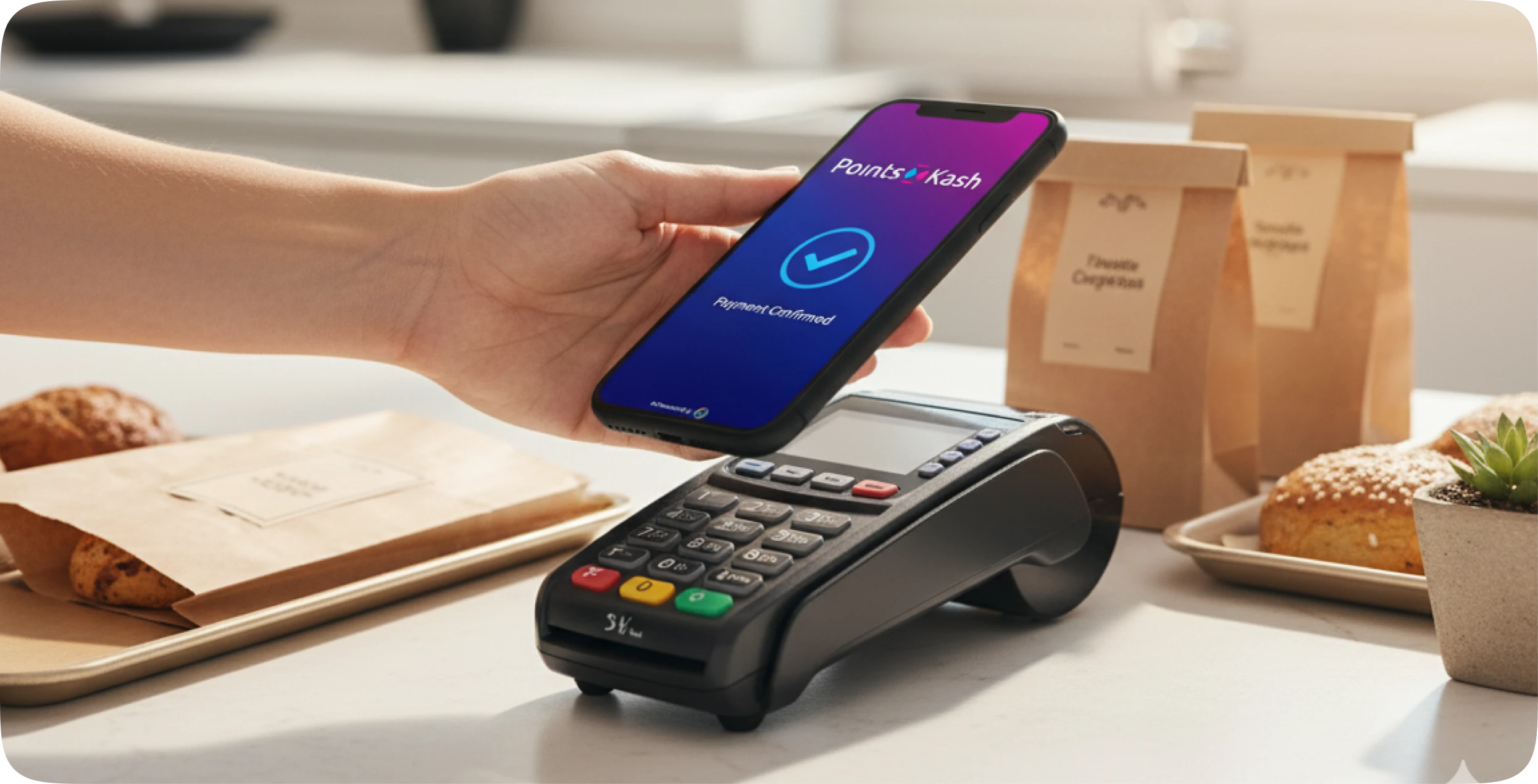 Smartphone showing PointsKash payment confirmation screen held above a payment terminal on a counter