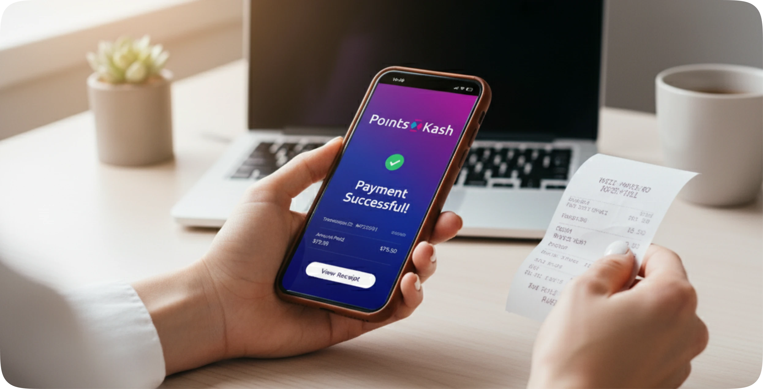 Person holding tablet with PointsKash call to action screen over a simple background