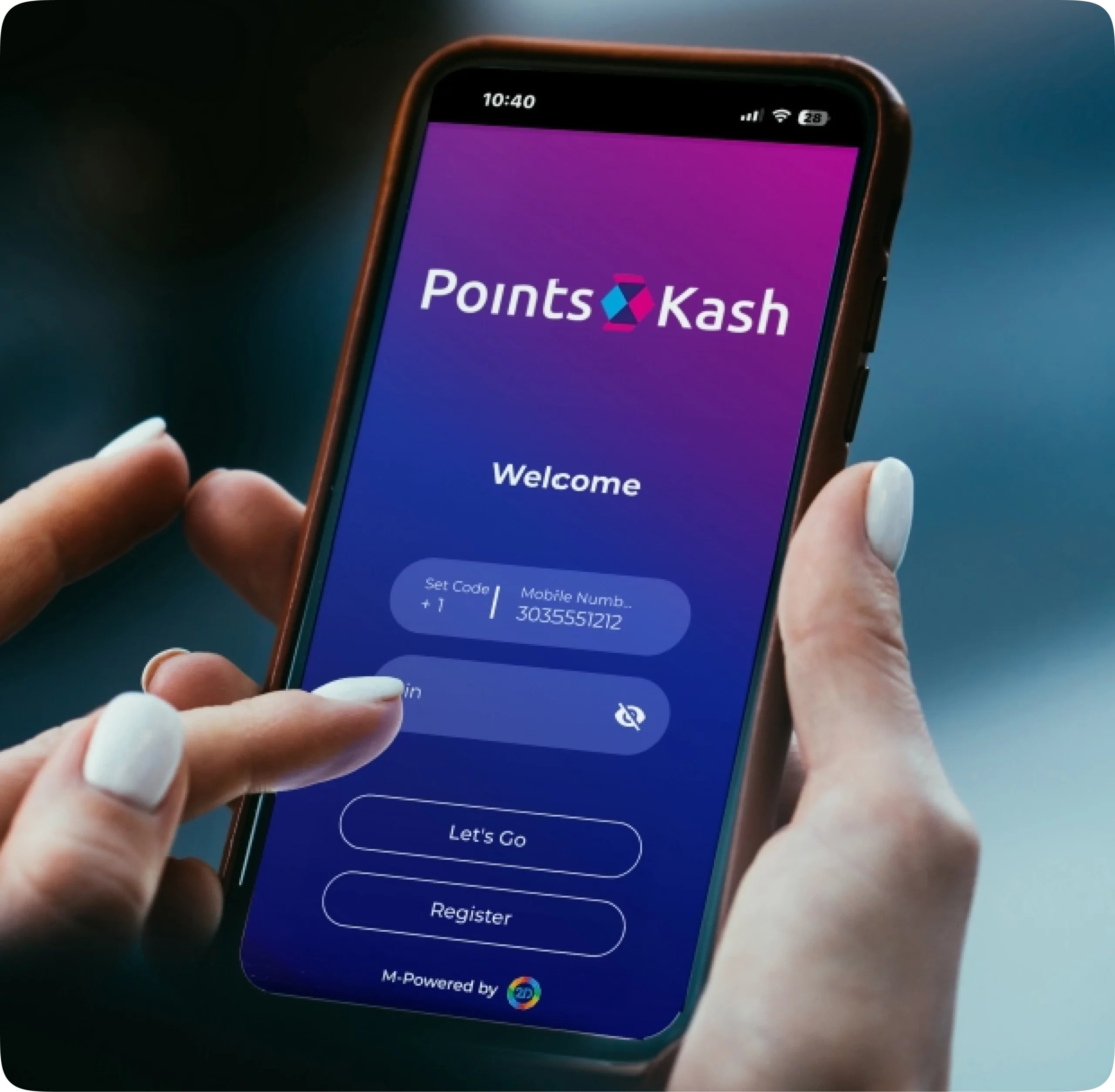 Smartphone displaying PointsKash mobile app user interface on a white background