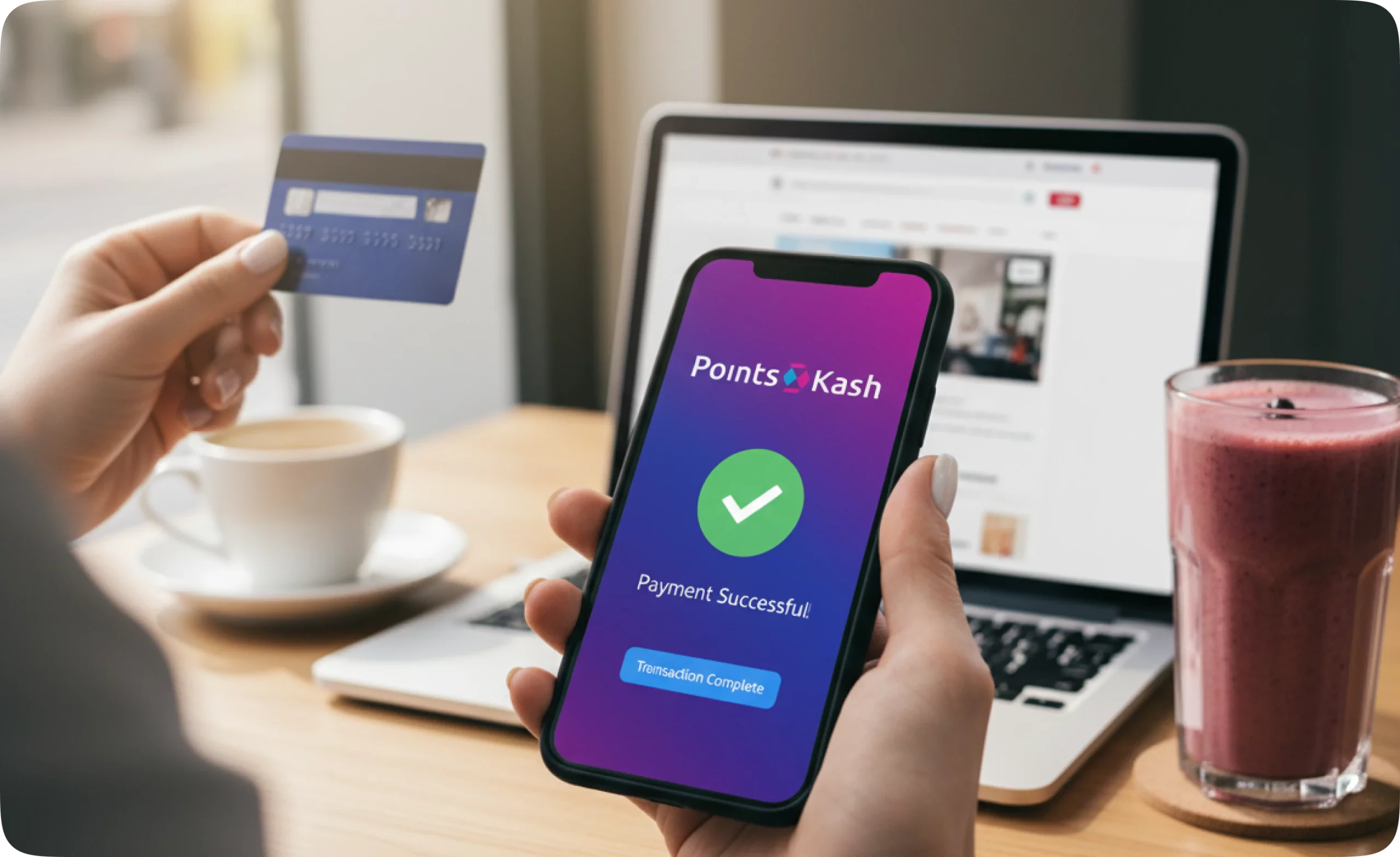 Laptop and smartphone on a desk showing PointsKash fintech interface
