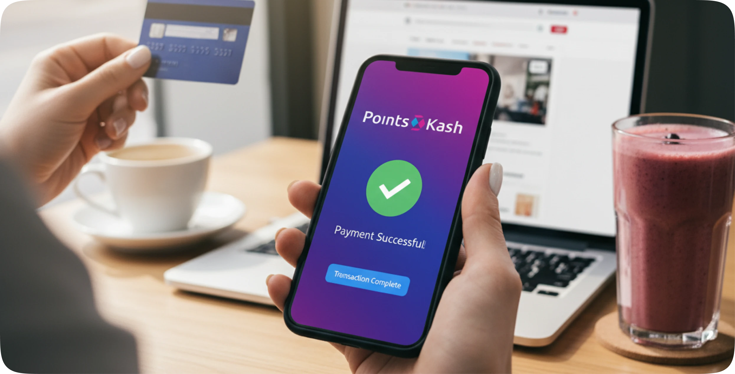 Hand holding phone showing PointsKash payment successful screen with a credit card and laptop in background.